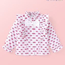 Babyoye Cotton Knit Full Sleeves Collar Neck Top with Frill Detailing & Bow Applique & Print - White-image-3