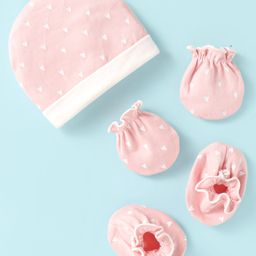 Ben Benny Interlock Knit Cap Mitten & Booties Set with Hearts Print Pink - Diameter 9 cm-13