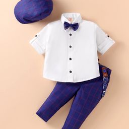 Rikidoos Full Sleeves Solid Shirt With Checked Pant Cap Bow & Suspender - White& Blue-image-9