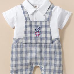 ToffyHouse Cotton Knit Half Sleeves Dungaree Style Checks Romper With Anchor Patch - Blue-picture-17