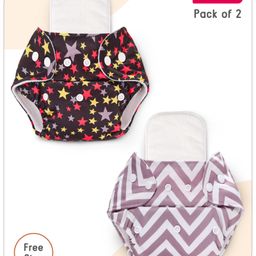 BabyhugFree Size Star & Zigzag Printed Reusable Cloth Diaper with Inserts Pack of 2 - Multicolour-14