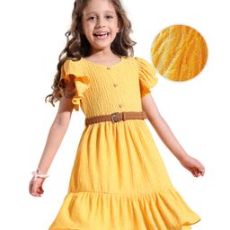Hola Bonita Knit Frill Sleeves Solid Dress With Textured Fabric - Yellow-image-93