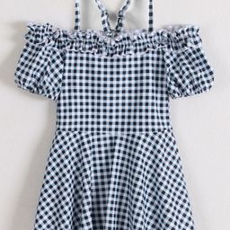 Babyhug Cold Shoulder Sleeves Checks Frock Swimsuit - Black & White-image-93