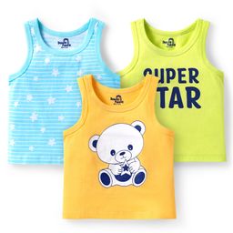 Doodle Poodle 100% Cotton Single Jersey Knit Sleeveless Vests With Stripes & Text Print Pack Of 3 - Light Blue Light Green & Yellow-image-34