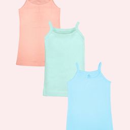 Kiddopanti Cotton Pack Of 3 Sleeveless Solid Camisoles - Peach Green & Blue-image-85