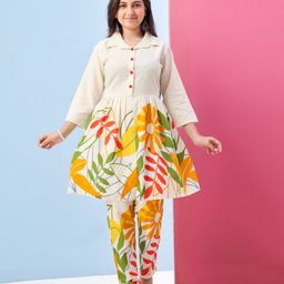 Aarika Cotton Three Fourth Sleeves Floral Printed Kurta Pant Set - Cream-image-55