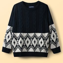 Pine Kids Knit Full Sleeves Pullover Sweater With Cable Knit & Argyle Design - Navy Blue-image-98