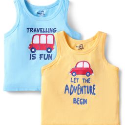 Doodle Poodle 100% Cotton Knit Sleeveless Vehicle Printed Vests Pack of 2 - Yellow & Light Blue-image-38
