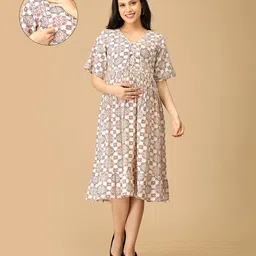 The Mom Store Cotton Half Sleeves Abstract Printed Maternity Dress With Nursing Access - Multi Colour-picture-18