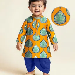 EARTHY TOUCH Single Jersey Knit Full Sleeves Floral Foil Printed Kurta Dhoti Set - Mustard & Blue-picture-30