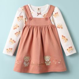 ToffyHouse Corduroy Woven Full Sleeves Inner T-Shirt & Frock with Teddy Print & Patch Embroidery - Light Brown-image-6