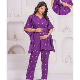CeleBravo Cotton Woven Half Batwing Sleeves Bandhani Printed Maternity Ethnic Kaftan Style Kurta With Nursing Access & Pant Set - Purple-image-78