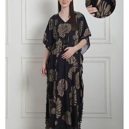 Secret Wish Rayon Woven Half Batwing Sleeves Leaves Printed Maternity Kaftan Nighty With Side Zipper Nursing Access - Black-image-92