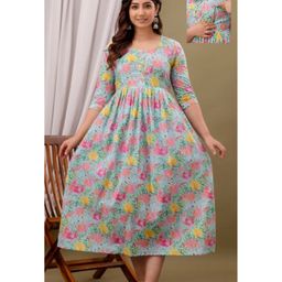 NEVISHA STYLE Cotton Woven Three Fourth Sleeves Floral Printed Maternity Dress With Side Seam Nursing Access - Multi Colour-image-55