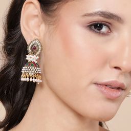 Anouk Gold-Plated Artificial Stones Studded And Beaded Dome Shaped Jhumkas-31