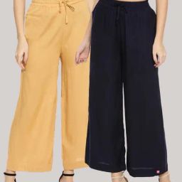 TWIN BIRDS Beige & Navy Mid Rise Palazzos - Pack Of 2-image-79