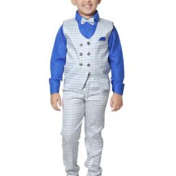 Pro-Ethic Style Developer Kids Blue & Grey Checks Full Sleeves Shirt, Waistcoat, Pants with Bow-image-35