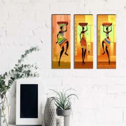 eCraftIndia 6MM MDF Set of 3 Dancing Tribal Women Satin Matt Texture UV Art Painting-image-25