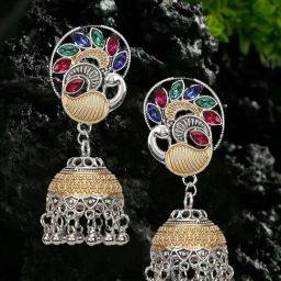 YouBella Peacock Design Celebrity Inspired Pearl Long Silver Multi Jhumki Earrings for Women-image-71