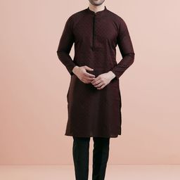 KISAH Geometric Woven Design Mandarin Collar Straight Kurta With Trousers-14