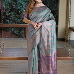 Saree Mall Grey & Purple Printed Saree With Unstitched Blouse-image-113