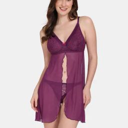 Zivame Purple Lace Babydoll With Thongs-image-35