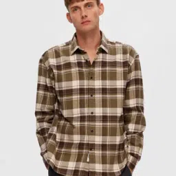 SELECTED HOMME Olive & Brown Regular Fit Check Shirt-image-68