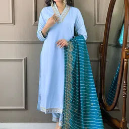 BAESD Women Ethnic Motifs Embroidered Regular Kurti with Trousers & With Dupatta-image-18