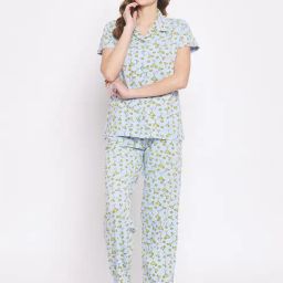 Clovia Blue Printed Shirt & Pyjama Set-image-48