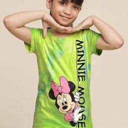 Kidsville Green & Pink Cotton Printed Minnie Mouse T-Shirt-image-7