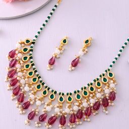 DASTOOR Gold Plated Kundan Studded & Beaded Jewellery Set-image-84