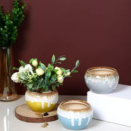 TAYHAA Grey & Blue 3 Pieces Drizzle Glow Printed Ceramic Flower Planters-18