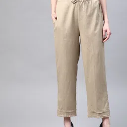 Laado - Pamper Yourself Women Beige Cotton Handloom Hem Design Straight Palazzos-picture-37