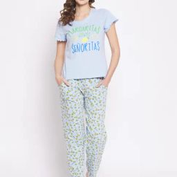 Clovia Blue Printed Top & Pyjama Set-image-46