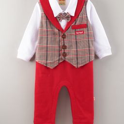 Wow Clothes Full Sleeves Checkered Party Romper with Attached Waist Coat - Red-image-28