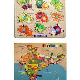 Enorme Big Wooden India Map And Vegetables Puzzle with Knobs, Educational And Learning Game For Kids Multicolour - 27 Pieces-26