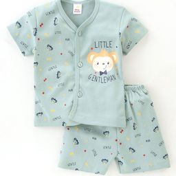 Mini Donuts 100% Cotton Knit Half Sleeves Night Suit Monkey Print - Green-image-76