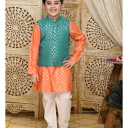 Saka Designs by Sapna Foil Printed Full Sleeves Kurta and Pyjama with Jacket - Teal & Orange-image-3