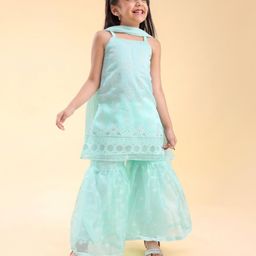 Babyhug Woven Sleeveless Kurti & Salwar Set with Dupatta with Floral Print & Embroidery Detailing - Aqua Blue-picture-46