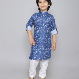 Ministitch Full Sleeves Botanical Printed Kurta & Pyjama Set - Blue-image-90