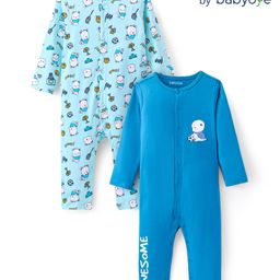 Babyoye Interlock  100% Cotton With Eco Jiva Finish Full Sleeves Rompers Teddy Print Pack of 2 - Blue-image-79