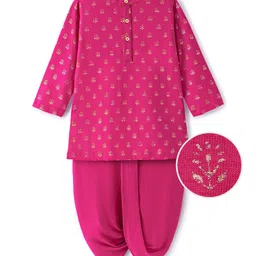 Earthy Touch Single Jersey Knit Full Sleeves Kurta Dhoti Set Floral Print - Fuschia-picture-21