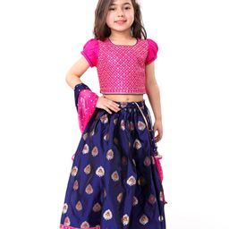Babyhug Woven Half Sleeves Sequined Embroidered Choli Lehenga Set with Dupatta  - Navy Blue & Pink-image-55