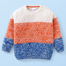 Babyhug Knit Full Sleeves Colour Block Pullover Sweater with Cable Knit Design - White Blue & Orange-image-48