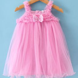 Babyhug Woven Sleeveless A Line Dress With Corsage & Bow Detailing - Pink-picture-6