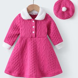 Kookie Kids Full Sleeves Collar Neck Solid Colour Frock with Cable Knit Design - Pink-picture-15