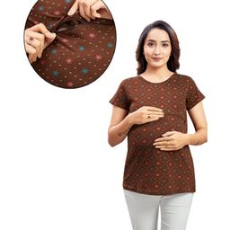 Mama & Bebe Half Sleeves Floral Printed Tee With Concealed Zipper Nursing Access - Brown-image-83