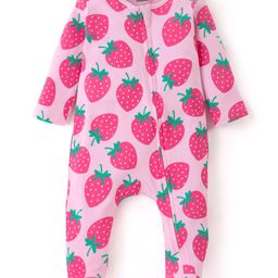 Babyhug Cotton Knit Full Sleeves Sleep Suit With Strawberry Print - Pink-image-29