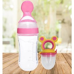The Cheeky Kidzz Baby Fruit Vegetable Nibbler Soother Ear Teether With Soft Silicone Squeeze Spoon Bottle BPA Free (PINK)-11
