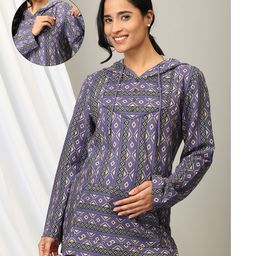 The Mom Store Full Sleeves Abstract Printed Maternity Hoodie With Concealed Zipper Nursing Access - Blue-picture-36